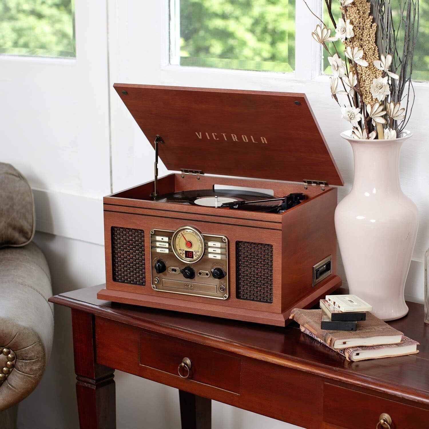 Nostalgic 6-In-1 Bluetooth Record Player & Multimedia Center with Built-In Speakers - 3-Speed Turntable, CD & Cassette Player, FM Radio | Wireless Music Streaming | Mahogany