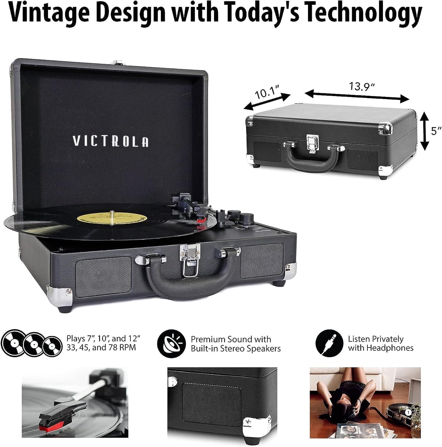 Vintage 3-Speed Bluetooth Portable Suitcase Record Player with Built-In Speakers | Upgraded Turntable Audio Sound|Black, Model Number: VSC-550BT-BK