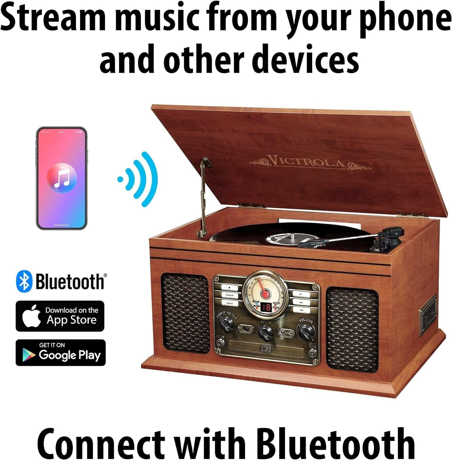 Nostalgic 6-In-1 Bluetooth Record Player & Multimedia Center with Built-In Speakers - 3-Speed Turntable, CD & Cassette Player, FM Radio | Wireless Music Streaming | Mahogany